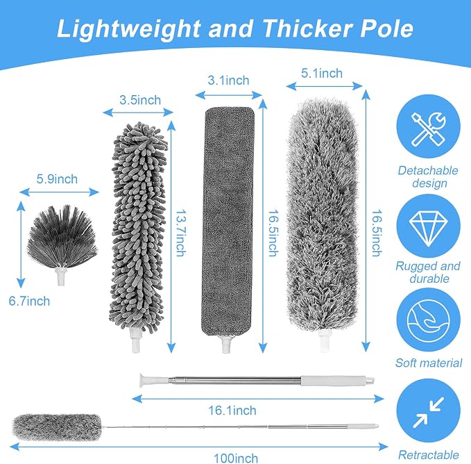 Duster with Extension Pole - Grey | 5-in-1 Kit Dusters for Cleaning, Extendable Duster with 100 Inches, Microfiber Dusters for Ceiling Fans, Furniture, Blinds