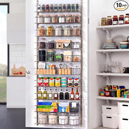 ElegantArray 10-Tier Pantry Door Organizer, Brown | Over The Door Pantry Organizer Rack and Storage, Hanging Spice Rack Shelves Door, Home Office Laundry Room Bathroom & Kitchen