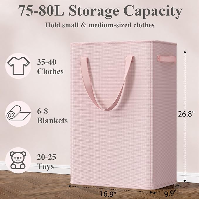 Optish 75L Pink Slim Laundry Hamper, Large Laundry Basket with Handles, Baby Hamper for Nursery, Dorm, Bedroom, Living Room, Collapsible Laundry Basket