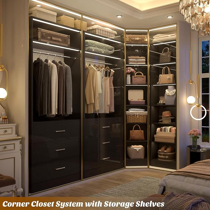 Besiost Closet System with 6 Drawers & 10 Shelves, Corner Closet Organizer System, Reversible Walk-in Closets, (L-Shaped 31.5" L * 31.5" W / I-Shaped 62.9" L * 15" W), Load 1500+LBS, Black