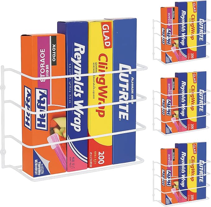 Evelots Kitchen Wrap & Food Bag Organizer Basket, Wall or Cabinet Door Mount, 4-Pack - White