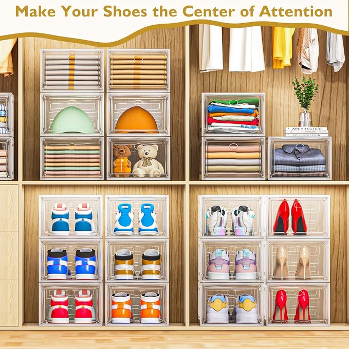 7 code Large Clear Shoe Boxes Organizer【Thicker Material】 Stronger Shoe Box with Magnetic Door, Stackable Shoe Storage Box for Closet, Foldable Space-Saving Storage Bins Shoe Cabinet, White 9 Pack | Foldable Shoe Storage Boxes for Sneakers & Boots, Spa...