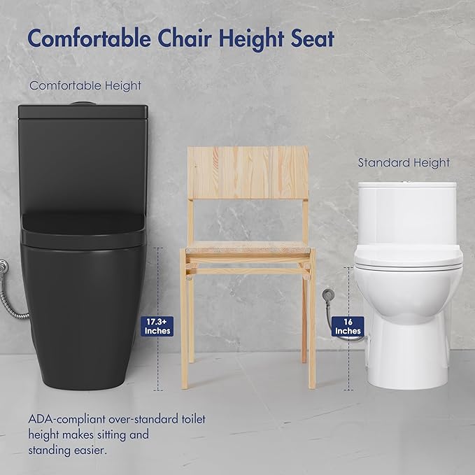 Eridanus One Piece Toilet with Comfort Chair Seat ADA Height 17.3", Powerful Dual Flush Modern Toilet, 1.1/1.6 GPF, 12" Rough-In, Elongated Toilet with Soft Closing Seat, Matte Black