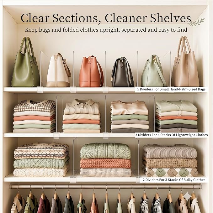 SortNStore Shelf Dividers Purse Organizer for Closet: 16-Pack Acrylic Bag Storage Organizer for Handbags, Clutches, Clothes, Sweater, Towel on Wood Shelves