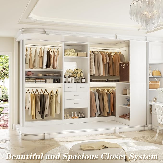 Unikito 97" Modular Closet Organizer System, Wood Wardrobe with 4 Hanging Rods, Corner Closet Unit with Mirror and Drawers, Customizable Walk-In Closet Organizer, White