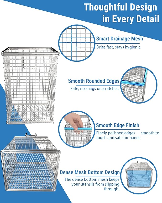 Chopstick Holder, 304 Stainless Steel Dishwasher Chopstick Basket with Hooks, Straw & Silverware Drying Rack for Organizing Knife, Fork, Spoons and Small Kitchen Tools (Silver)