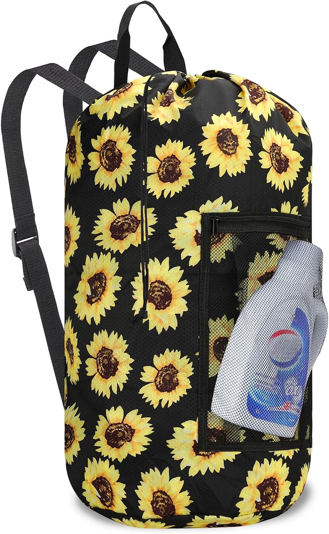 Laundry Bag Backpack Durable Laundry Bag with Shoulder Straps and Mesh Pockets Portable Laundry Hamper Dirty Clothes Bag for College, Travel, Laundromat, Apartment (Sunflower)