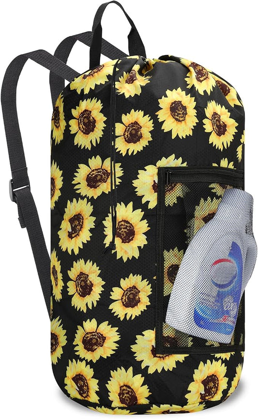 Laundry Bag Backpack Durable Laundry Bag with Shoulder Straps and Mesh Pockets Portable Laundry Hamper Dirty Clothes Bag for College, Travel, Laundromat, Apartment (Sunflower)