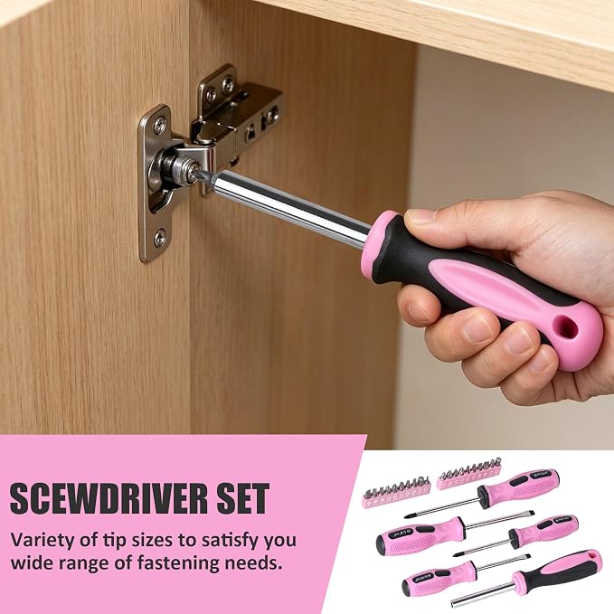 FASTPRO 215-Piece Pink Tool Set, Home Repairing Tool Set with 12-Inch Wide Mouth Open Storage Bag, Household Hand Tool Kit, Pink
