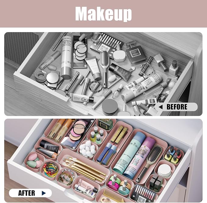 Drawer Organizers Bins 18 PCS for Bathroom Makeup Desk Office | with Non-slip Pads, 4 Sizes, Plastic Tray, Vanity Organizer, Kitchen Utensils Organizer