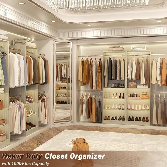 Homieasy Closet System, 4.5-11.5 Ft Expandable Closet Organizer with 5 Hanging Rods, Walk-in Wood Closet Organizer System with Storage Tower, Heavy Duty Garment Rack Wardrobe for Bedroom, Light Oak