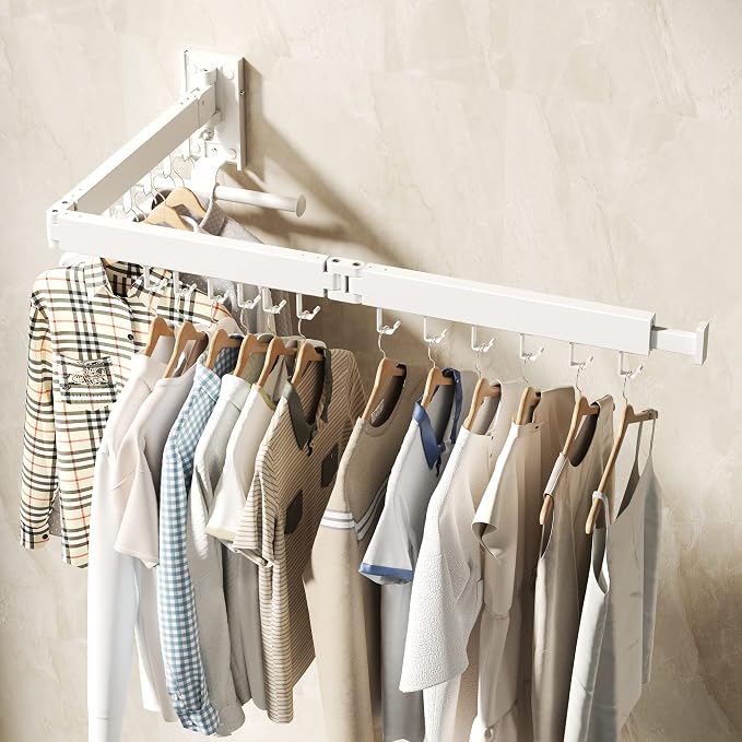 BOQORAD Wall Mounted Clothes Hanger Rack, Clothes Drying Rack,Laundry Drying Rack,Collapsible Clothes Rack Wall Mount, Retractable Drying Rack Clothing,can Fold Upward & Left & Right,White Color
