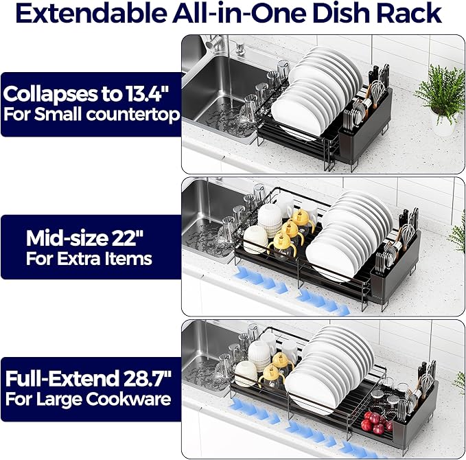 Large Dish Drying Rack, Expandable Dish Rack for Kitchen Counter, Dish Drainer with Drainboard Set, Multifunctional Dishrack with Utensil & Cup Holder, 13.4"-28.7" L x 11.8" W x 7.8" H, Black
