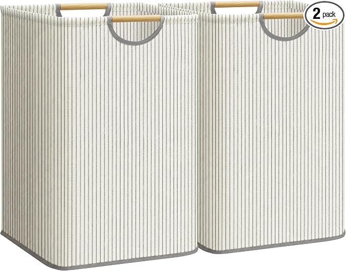 STORAGE MANIAC 2-Pack Large Laundry Hamper, 100L (26.4 Gal) Collapsible Laundry Basket with Bamboo Handles, Freestanding Waterproof Clothes Hamper for Laundry Room, Bedroom, Dorm, Towels, Stripe