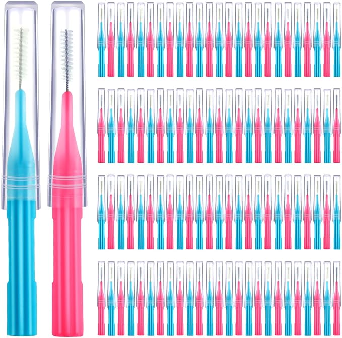 Patelai 100 Count Interdental Brush Set, Soft Braces Cleaner Picks with Cap, Multi Size Teeth Gap Cleaning Tool for Orthodontic Care Bridge Implant Travel Kit(Light Blue,Pink)