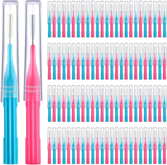 Patelai 100 Count Interdental Brush Set, Soft Braces Cleaner Picks with Cap, Multi Size Teeth Gap Cleaning Tool for Orthodontic Care Bridge Implant Travel Kit(Light Blue,Pink)