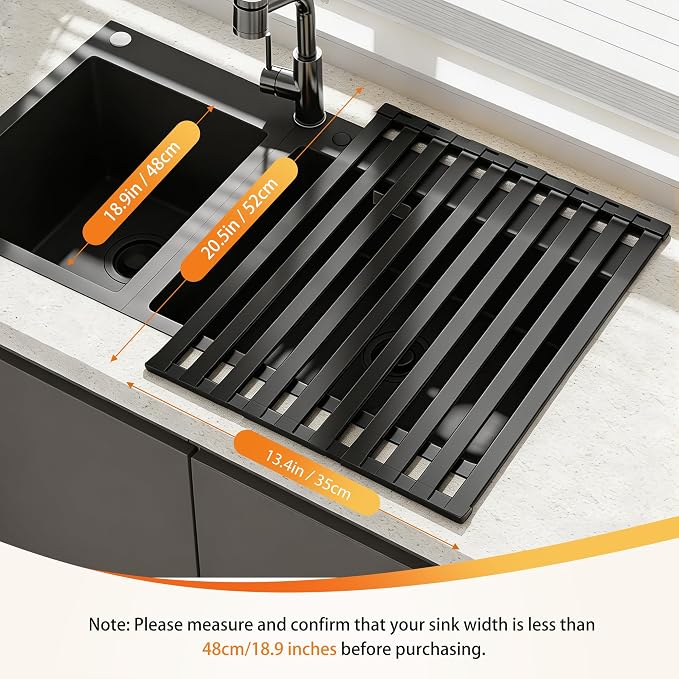 Foldable Over Sink Dish Drying Rack, Extra Wide & Thick Rust-Proof Aluminum Sink Cover for Counter Space, Collapsible Dish Drying Rack Fits Most Kitchen Sinks (Black, 20.5“x13.6)