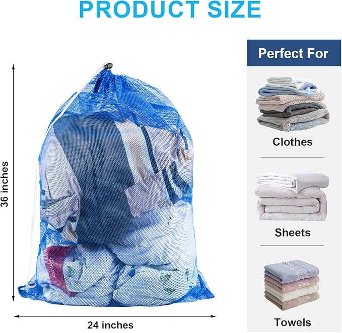 2 Pack Large Mesh Laundry Bags, 24" x 36" Heavy Duty Strong | Drawstring Dirty Clothes Bags, with Soft Breathable Net, Machine Washable, For College, Dorm, Camp, Travel ＆ Family Use(Blue)
