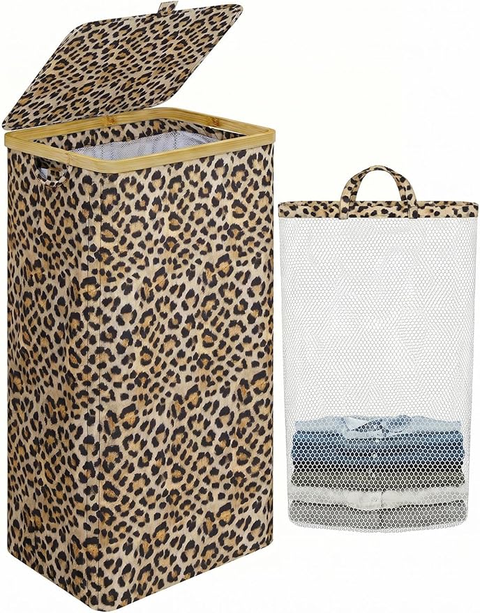 IEGrow Laundry Hamper with Lid,110L Laundry Basket with Bag,Leopard Print | Dirty Clothes Hamper Basket with Bamboo Handle for Clothes Towels Organization
