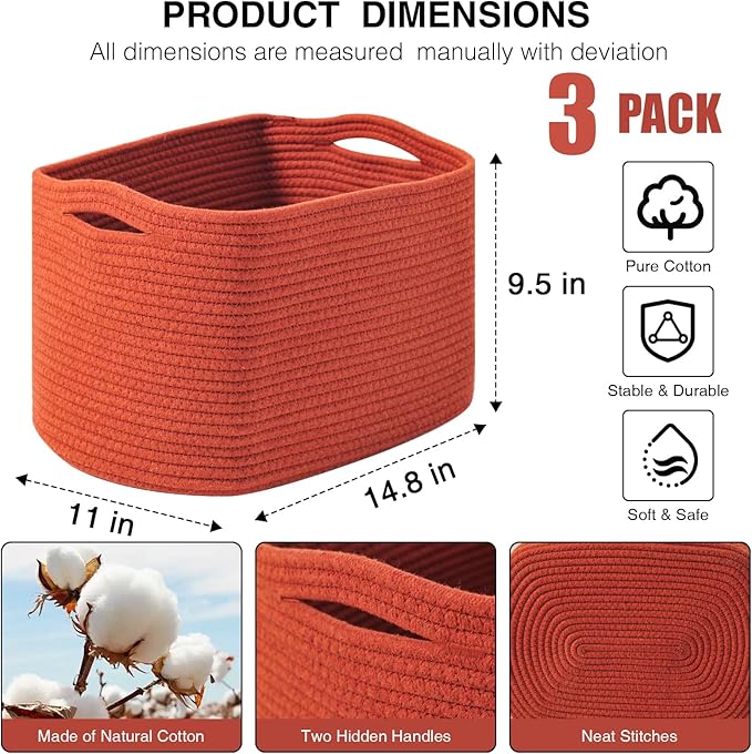 Storage Baskets for Organizing Shelves, Woven Cotton Rope Basket for Storage, Dog Toy Baskets Storage Kids, Cute Shelf Basket for Living Room Bedroom, 14.8"×11"×9.5", Pack of 3, Brick Red