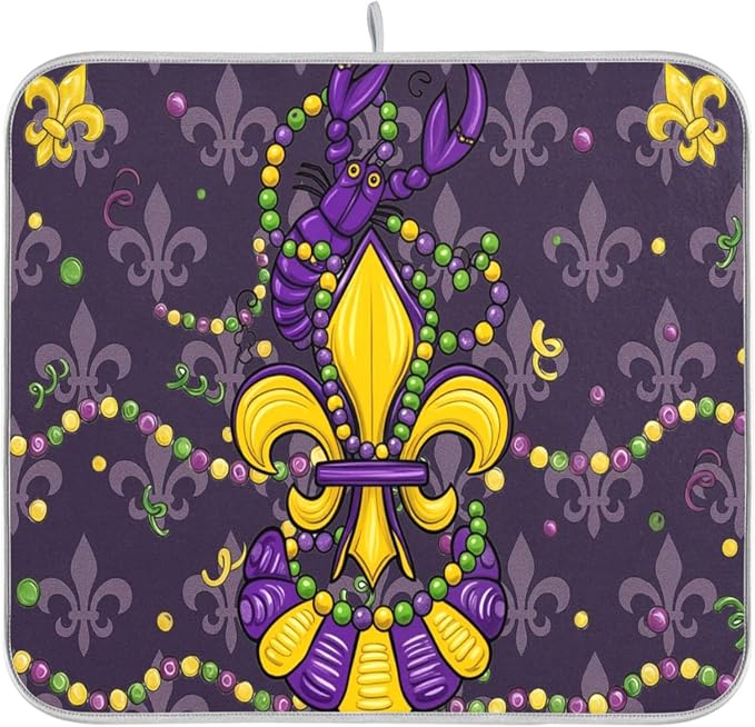 Happy Mardi Gras Purple Dish Drying Mat for Kitchen Countertop 16x18 Fleur de Lis Lobster Small Drying Mat Reusable Quick Dry Dish Sink Mats Easy Clean Decorative Essentials