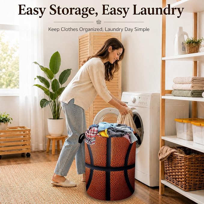 Basketball Texture Laundry Basket with Handles, Foldable Tall Oxford Clothes Hamper, Lightweight Water-Resistant Storage Bin for Bedroom Bathroom College Dorm, 16 x 20.8 Inch
