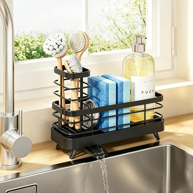 Kitsure Sponge Holder for Kitchen Sink, Self-Draining Sink Caddy, Sink Organizer with Rotating Drain Spout and Movable Brush Holder for Narrow Countertops (Black, 7.9" x 3.5" x 5.6")