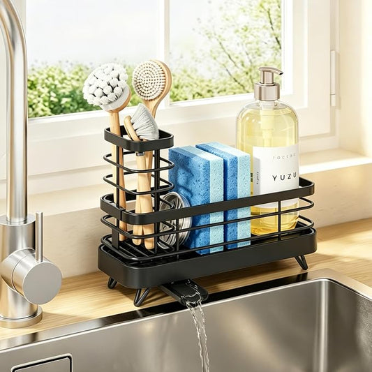 Kitsure Sponge Holder for Kitchen Sink, Self-Draining Sink Caddy, Sink Organizer with Rotating Drain Spout and Movable Brush Holder for Narrow Countertops (Black, 7.9" x 3.5" x 5.6")