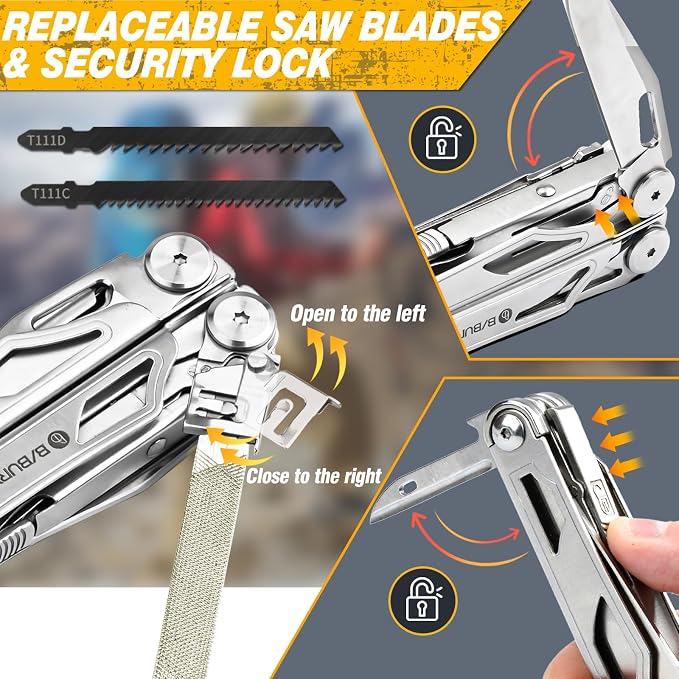 BIBURY 31-in-1 Multitool Pliers Pro,EDC Pocket Knife & Scissors-BI2045 | Stainless Steel Multi Tool with Screwdriver, Replaceable Wire Cutters, Saw, Ideal for Survival,Camping,Repair, Gifts for Men
