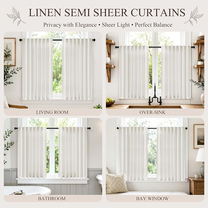 Hokibero Natural Back Tab Linen Sheer Curtains 48 Inch Length 2 Panels for Living Room Bedroom, Natural, 42x48