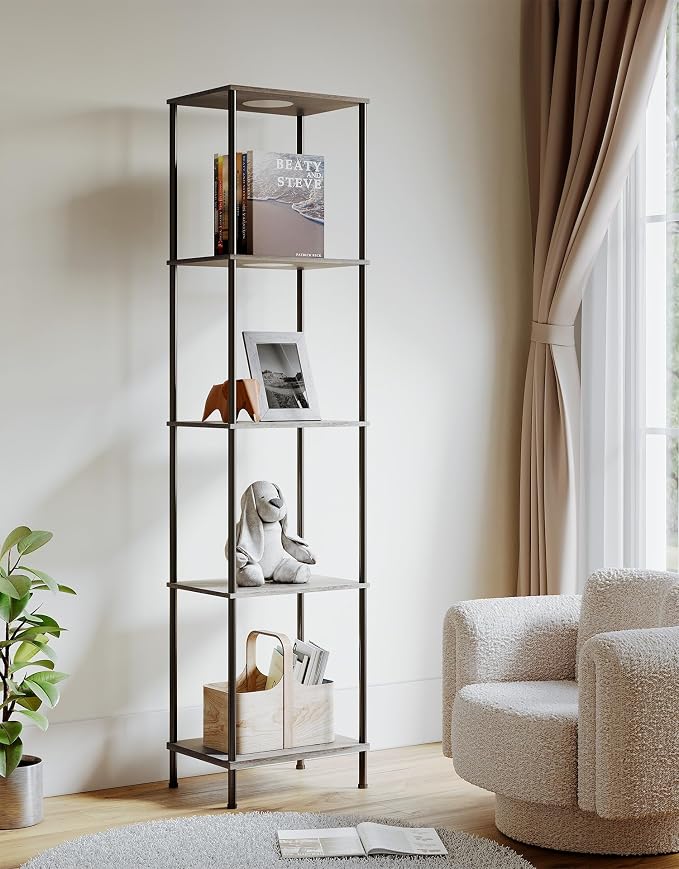 Display Shelf with RGBW Light, Color Changing Curio Cabinet Floor Lamp with Shelves Corner Standing Column Lamp Etagere Organizer Tower Nightstand Bookcase for Living Room Bedroom Office Décor, Gray