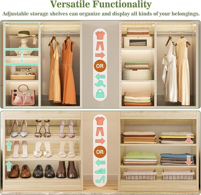 Besiost Closet System with 2 Drawers, 3 Hanging Rods, 59.5" * 31.5" Closet Organizer System with Corner Tower, Reversible L Shaped Walk-in Closet System, Corner Closet System Set of 2, Greige Oak