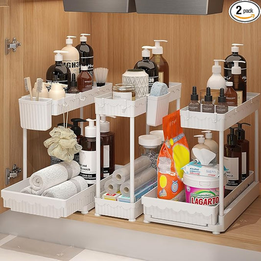 Sevenblue 3 Pack Multi-Purpose Under Sink Organizers and Storage, 2026 L-Shaped Pull Out Cabinet Organizer for Bathroom & Kitchen, Under Cabinet Organizer with Hooks Hanging Cup (White, 12.85 inch)