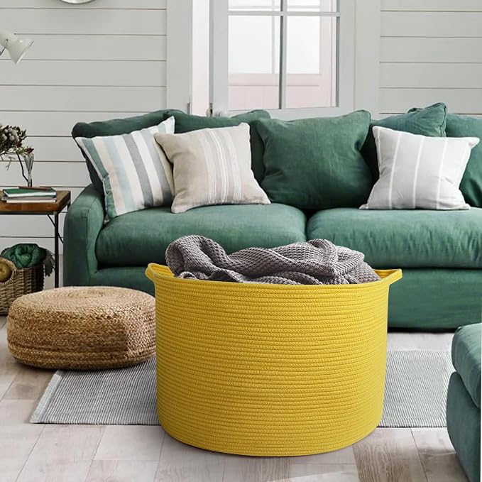 MEGASKET Extra Large Yellow Basket, 22” X 22” X 14” Cotton Rope Yellow Decor for Living Room Bedroom, Woven Basket for Blanket, Laundry, Towel, Shoe, Baby Nursery Toy Organizer, Room Decor Storage Bin