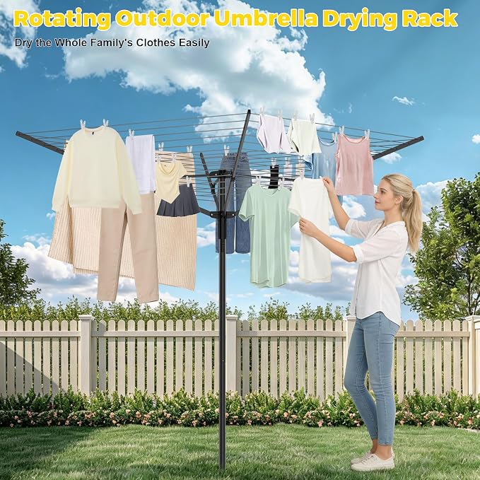 BAKON Heavy Duty Clothesline Outdoor,40M Rotary Adjustable Tension Umbrella Drying Rack, Anti-Sag Line for Large Clothes Bedding for Backyard Lawn Patio RV Camping