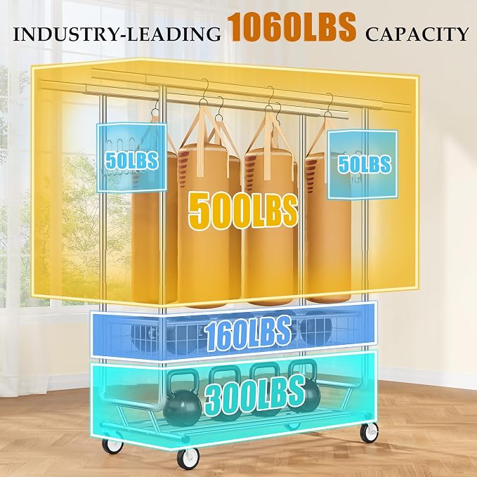 Gewudraw Clothes Rack Heavy Duty Load 1060 LBS With 4" Wheels,Commercial | Double Rod Rolling Clothing Rack,Extendable,Basket,Shelf, Hooks,Garment Rack for Bedroom, Laundry Room & Retail Store,Silver