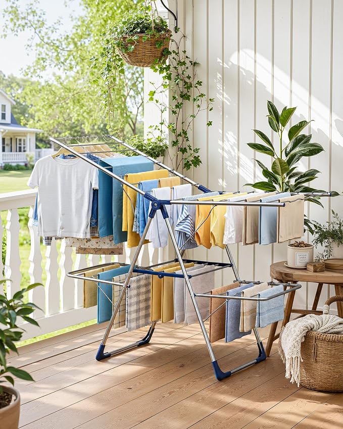Sakugi Clothes Drying Rack, Foldable 2-Level with 55.5" Adjustable Wings | Laundry Room, Bedroom, Indoor & Outdoor Use, Height Adjustable, Clothing & Bedding, 55.5" L × 22.8" W, Silver and Blue