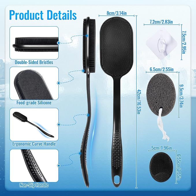 Silicone Back Scrubber for Shower, Bath Brush with Long Handle | Exfoliating & Lathering Body Scrubber Shower Brush