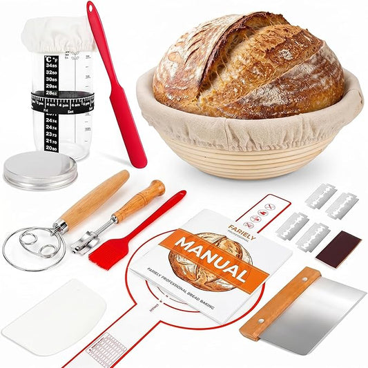 Complete Sourdough Starter Kit, Bread Baking Supplies, 9'' Round Banneton Bread Proofing Basket with Glass Sourdough Starter Jar & Tools, Bakery Accessories for Bread Making Baking Fermentation