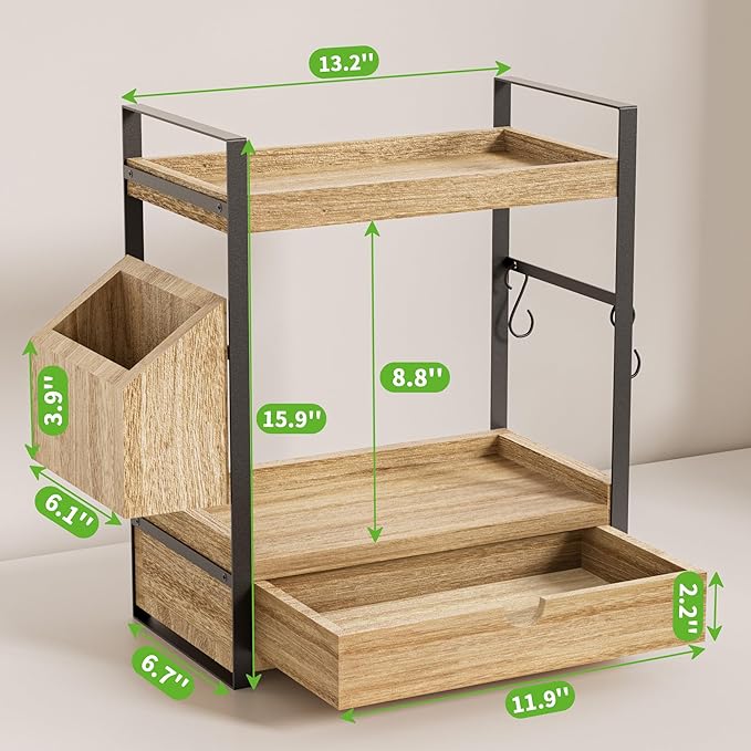 2-Tier Bathroom Counter Organizer with Drawer and Basket, Wood Countertop Organizer for Storage, Skincare Organizers for Vanity, Counter Shelf for Bathroom Organization