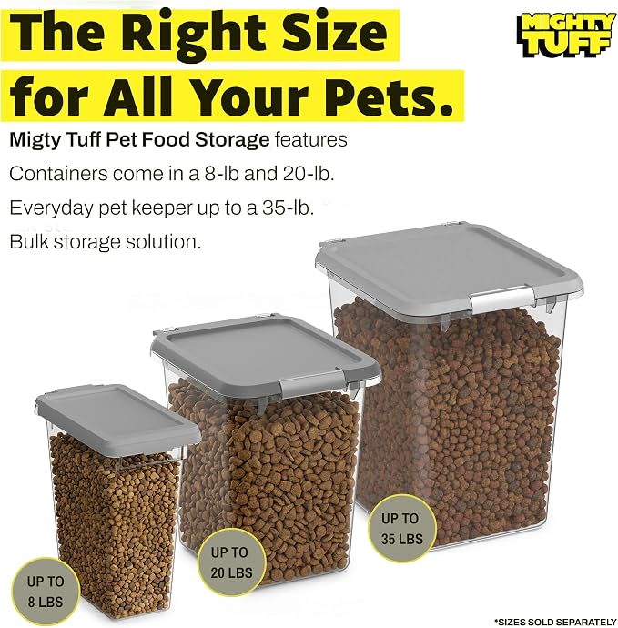 Mighty Tuff 8 lb Dog Food Container with Secure Lid Clasp, Airtight Cat Food Bin, Clear Plastic Pet Food Storage Container with Lid for Kitchen Pantry Organization