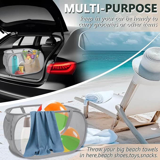 Pop Up Laundry Hamper,Collapsible Horizontal Baskets with Handles & Side Pocket,Foldable Sturdy mesh for Laundry Room,Bathroom,Kids Room,College Dorm or Travel (Double Grey)