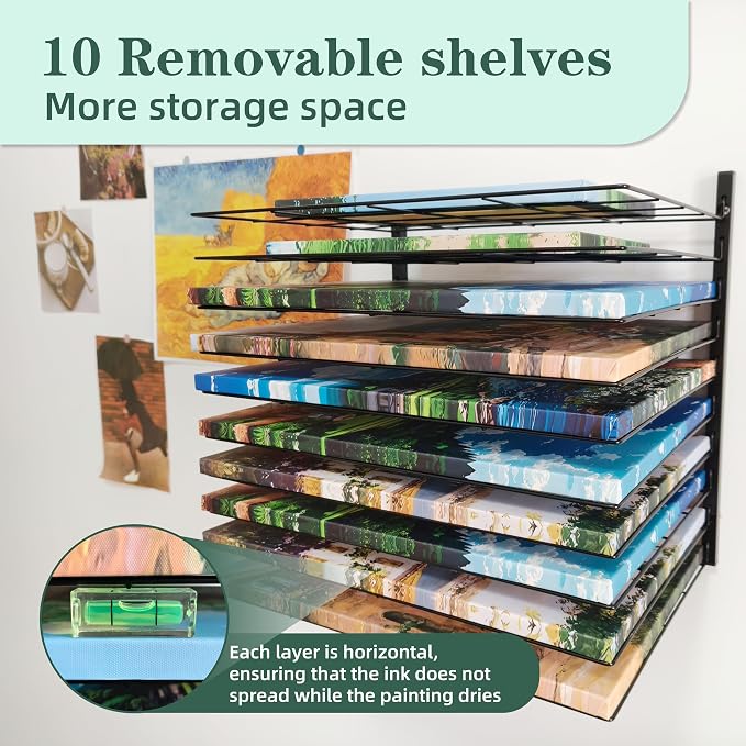 Art Drying Rack for Classroom - No Drill Wall & Fit All Walls Paint Storage System, 10 Removable Shelves 1.57" Apart for Art Studios, Schools