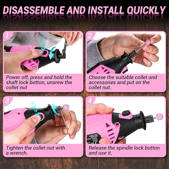 Rotary Tool Kit: DEKOPRO Power Hand Rotary Tools Mini for Wood/Metal, Electric Grinder Drill Machine Set with Flex Shaft for Carving, Cutting, Sanding, Grinding, Polishing, Engraving Pink