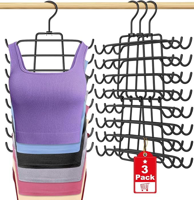 3Pcs Tank Top Hangers Space Saving Hanger Organizer Bra Hangers Black | 360° Rotating Metal Closet Organizers and Storage Lingerie Hangers for Tank Tops Cami Bras Belts Swimsuits Lingeries