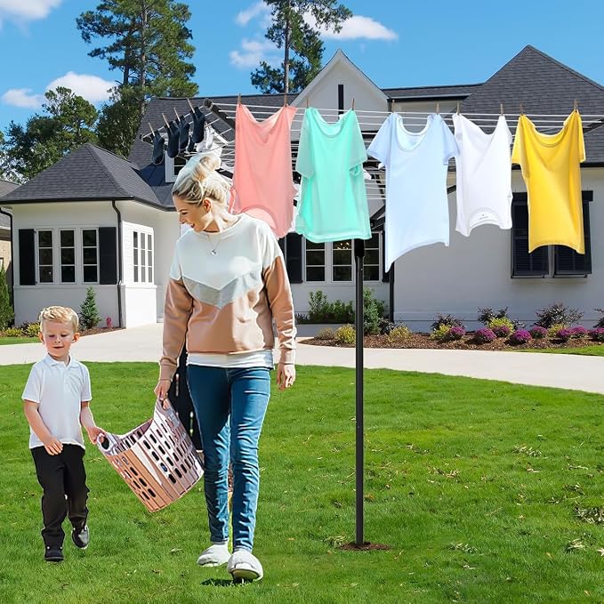 65ft 4-Arm Rotary Umbrella Clothesline Adjustable Height for Backyard | Heavy duty retractable outdoor drying rack with 12 lines, adjustable height, great for backyard laundry drying