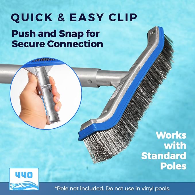 40 Heavy Duty Pool Brush - 18-inch Extra-Wide Metal Brush Head with Stainless Steel Wire Bristles & Curved Edges for Cleaning Pool Tiles, Walls, Floor, Steps - No use in Vinyl Liner-Fiberglass Pool