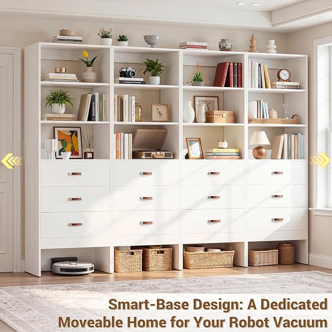 8FT Closet System with Leather Handles, 96" Walk-in Closet Storage Unit with Cabinet, Wood Wardrobe Closet Organizer and Storage with 12 Drawers, Set of 4, White