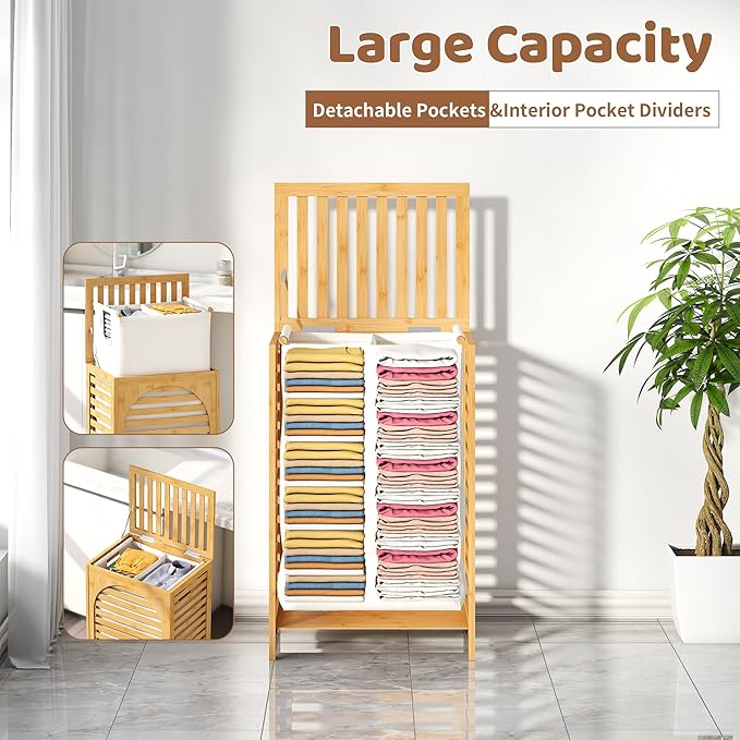 Laundry Hamper with Lid (16.9 * 13 * 26.5inches) Large Bamboo Laundry Bin Basket 85L Clothes Hamper with 1 Removable Bag Storage baskets for Bathroom(Natural)