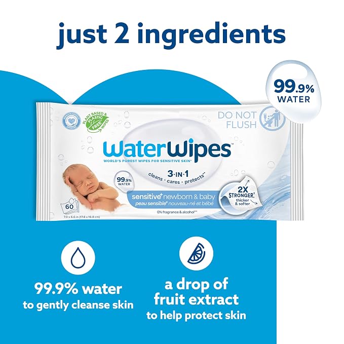 WaterWipes Sensitive+ Newborn & Baby Wipes, 3-In-1 Cleans, Cares, Protects, 99.9% Water, Unscented & Hypoallergenic, 60 Count (Pack of 24)